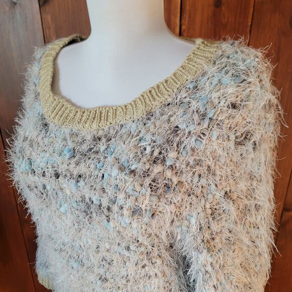 Lauren Michelle Women L Blue Green Fuzzy Pom Pom Sweater Knit Shimmer Lurex Cozy - Picture 9 of 10